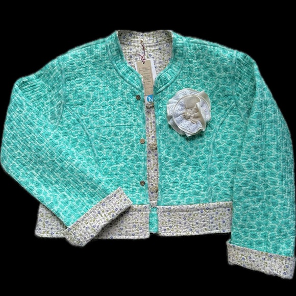 Reversible Quilted Cotton Blazer Jacket with Floral Brooch Cropped M, FBC Studio - Picture 12 of 17